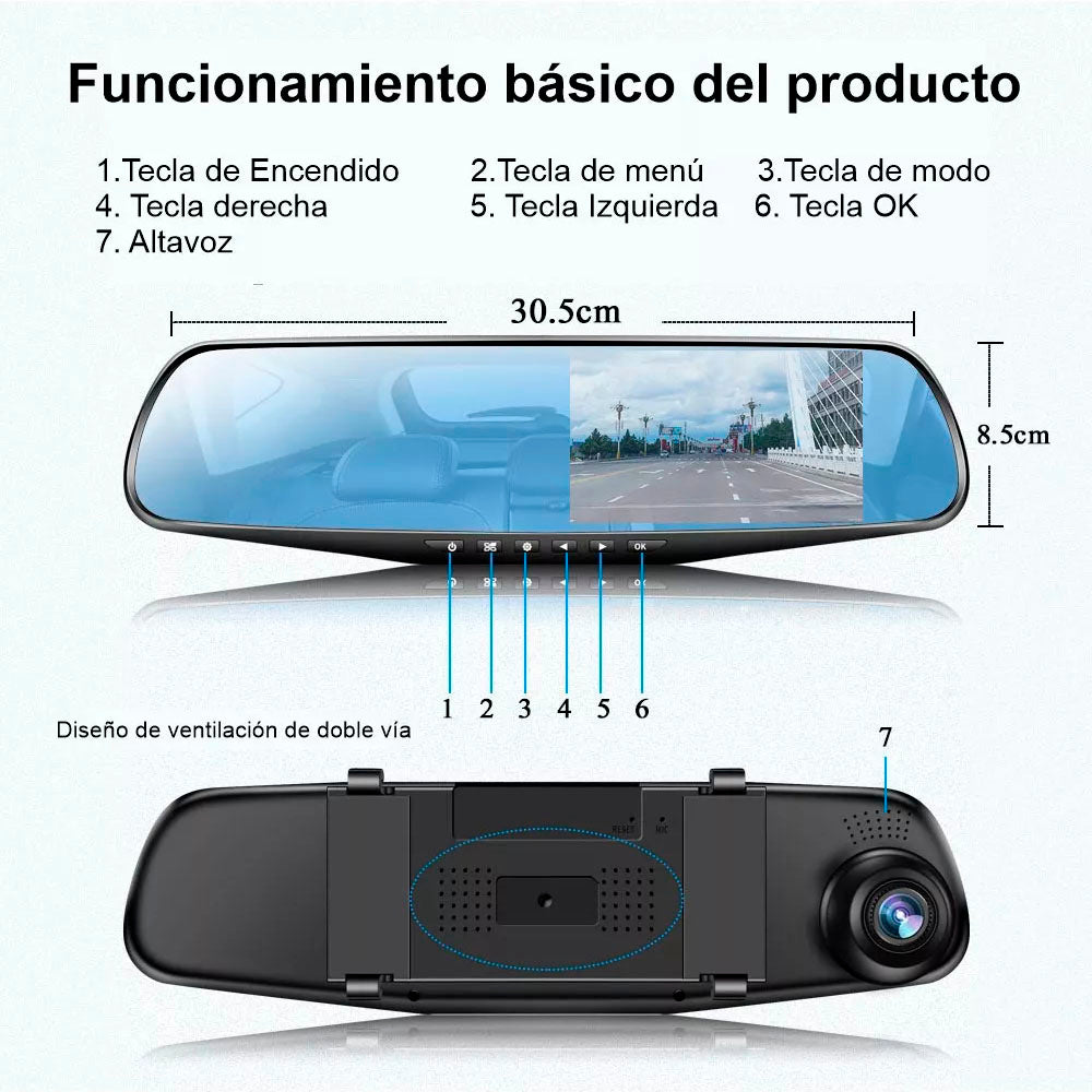 Espejo Retrovisor DVR con Cámara Dual Full HD 1080P – Pantalla 4.3”, Grabación Continua y Asistencia de Reversa