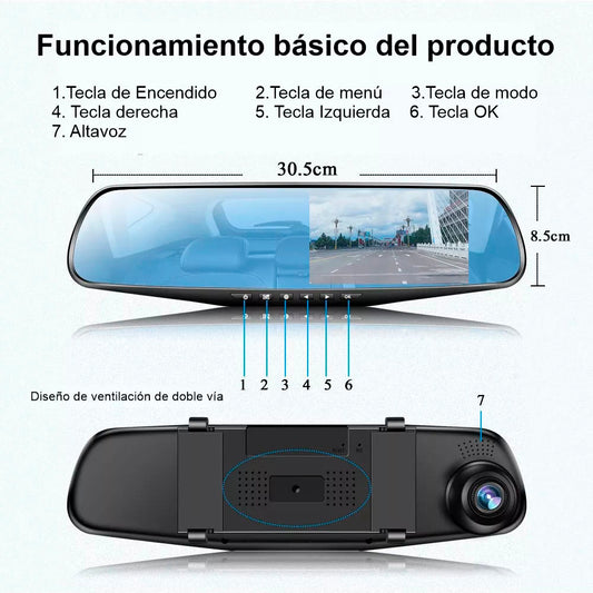 Espejo Retrovisor DVR con Cámara Dual Full HD 1080P – Pantalla 4.3”, Grabación Continua y Asistencia de Reversa